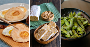 優質植物性蛋白質來源食材，左起：植物蛋、天貝、毛豆。左圖前方顏色偏黃的是工研院發表全台第一顆植物基荷包蛋（攝影：羅沛德）